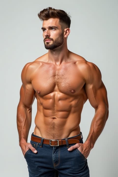  a well defined male physique that is muscular but not overly bulky, showcasing broad shoulders, a toned chest, and a slim waist. the man is standing confidently, dressed in casual yet stylish clothes that accentuate his physique. his hair is a modern, trendy cut, perhaps a stylish fade or a tousled look that women find attractive, with a healthy shine and well groomed appearance. the scene is bright and inviting, highlighting his charisma and appeal.