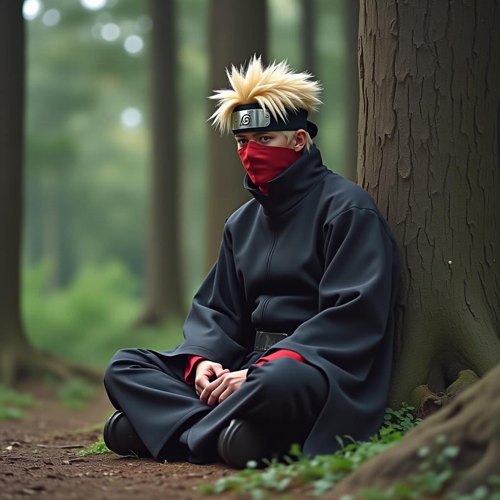  portrait full body photography from 1970, real actor naruto from naruto sitting next to the forest, dressed with naruto costume, movie still, 1970, anime visual, code geass, xmen, still image from the movie, high quality costume, inspo, naruto