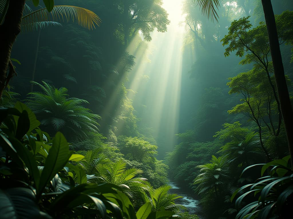  a dense rainforest with rays of sunlight piercing through the canopy, illuminating the lush green foliage, ultra detailed, 4k clarity. hyperrealistic, full body, detailed clothing, highly detailed, cinematic lighting, stunningly beautiful, intricate, sharp focus, f/1. 8, 85mm, (centered image composition), (professionally color graded), ((bright soft diffused light)), volumetric fog, trending on instagram, trending on tumblr, HDR 4K, 8K