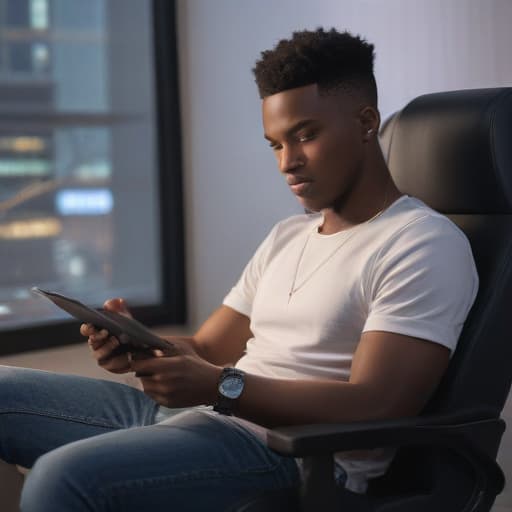 Dark skin anime guy sitting on a gaming chair playing games on a tablet