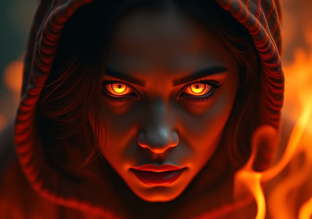  a fiery, blazing gaze emanates from two intense, fiery eyes set against a dark, smoldering background, surrounded by wispy flames and embers, radiating inner strength and fierce determination. hyperrealistic, full body, detailed clothing, highly detailed, cinematic lighting, stunningly beautiful, intricate, sharp focus, f/1. 8, 85mm, (centered image composition), (professionally color graded), ((bright soft diffused light)), volumetric fog, trending on instagram, trending on tumblr, HDR 4K, 8K