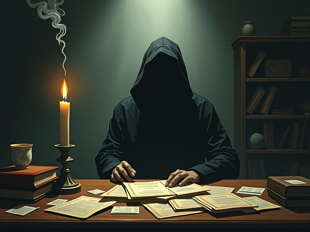  a shadowy figure in a dimly lit office, trails of smoke from a forgotten candle, desk cluttered with crumpled papers, deception, treachery. an illustration in the style of a worn, mystical old tarot trump card, mysterious and elements of surrealism. the colors are muted, somber and eerie, but with contrast bring out an occult and esoteric vibe.