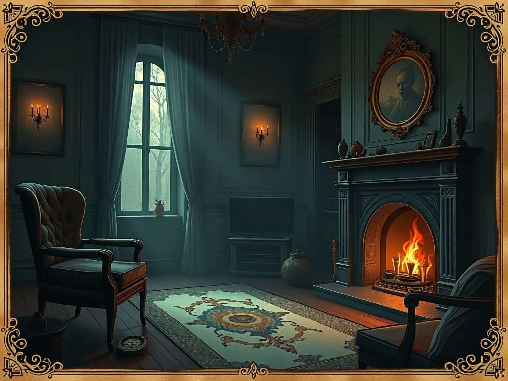  living room darkened by shadows, eerie artifacts, objects casting long shadows, sense of brooding darkness. an illustration in the style of a worn, mystical old tarot trump card, mysterious and elements of surrealism. the colors are muted, somber and eerie, but with contrast bring out an occult and esoteric vibe.