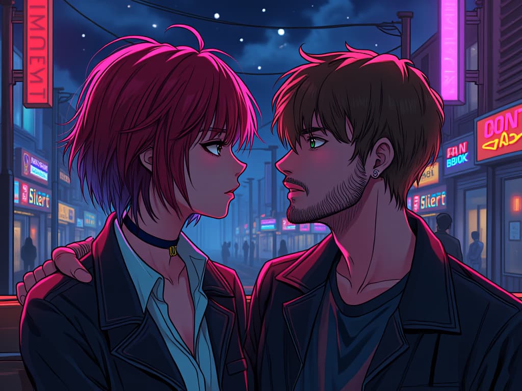  manga style 1, 1, (neon, neon light, stars, starry sky, night, night club:1.3), {{{red hair, burgundy hair, two colored hair, short hair , messy hair, bob cut, pomade, (black eyes :1.3), glare in eyes, brow, sleepy eyes, nose, black choker, black jacket, medium s, blue celet}}} {{{brown hair, short hair, messy hair, glare in eyes, brown brow, (green eyes:1.1), sleepy eyes,(small beard:1.1), black jacket, (pink celets:1.15), }}} on bench, outdoors, eye contact, ing, looking at another . vint, high energy, detailed, iconic, japanese comic style