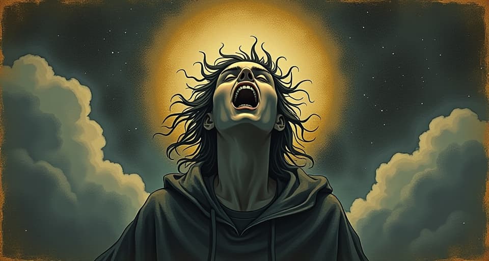  a figure in mid shout, mouth open, sound waves visually emanating, dark clouds parting, dramatic, powerful. an illustration in the style of a worn, mystical old tarot trump card, mysterious and elements of surrealism. the colors are muted, somber and eerie, but with contrast bring out an occult and esoteric vibe.