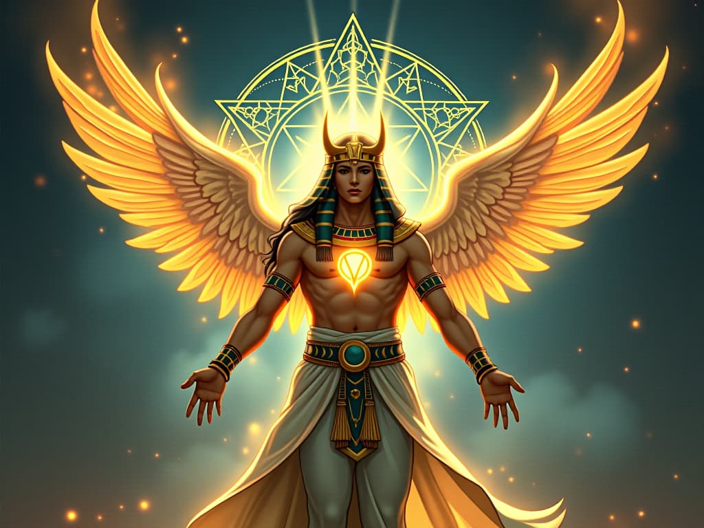  a radiant figure surrounded by celestial symbols, glowing with an otherworldly light, divine aura, transcendent atmosphere. the style is digital art illustration / modern comic book / mysterious occult, symbolic, esoteric vibe,high detail on character design, incorporating ancient egyptian symbology and attire.