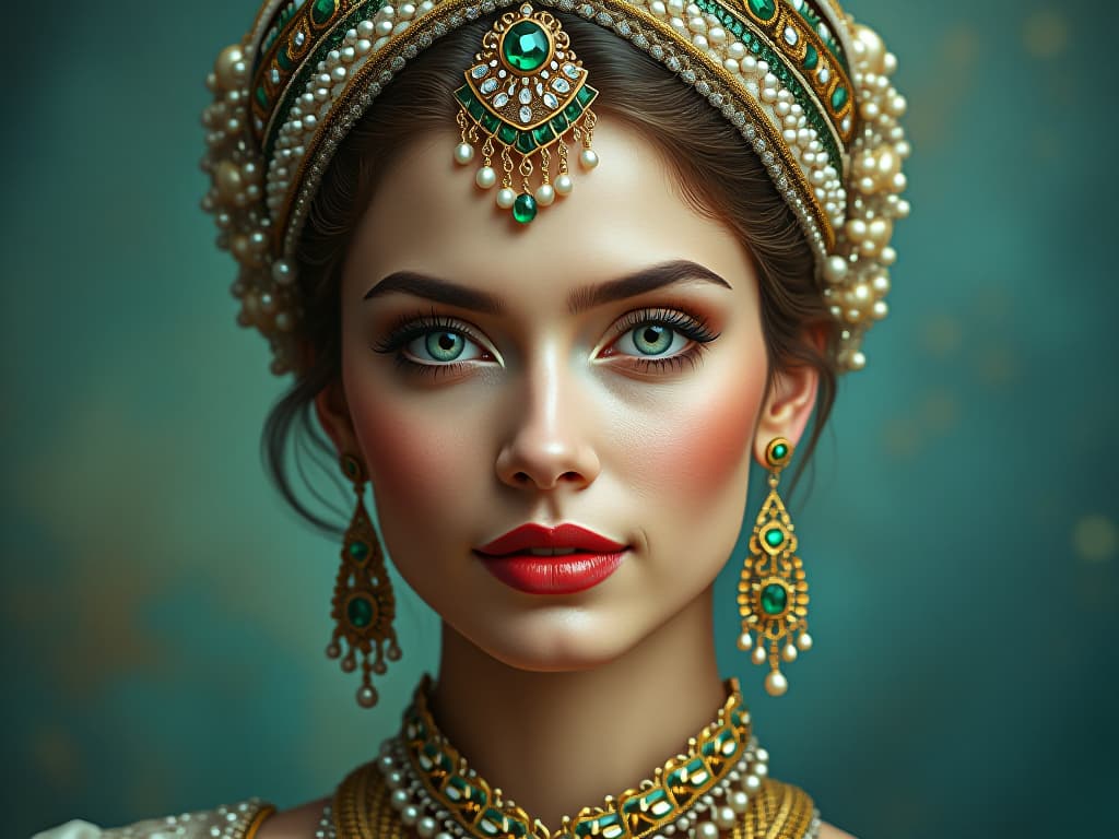  highly stylized and detailed portrait of a woman with fair skin, striking blue eyes, and full lips adorned with red lipstick. she is wearing an elaborate headdress and jewelry that includes a headpiece with green and white gemstones, large dangling earrings, and a matching necklace. the headdress is intricately designed with pearls and emerald like stones, complementing her traditional attire. the background is a soft, blurred mix of blue and green hues, creating a bokeh effect that highlights the subject's regal appearance. the overall composition is rich and vibrant, emphasizing the ornate and luxurious elements of her attire and accessories.