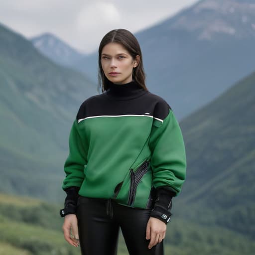 A green and black Balenciaga type outfit in Macro Photography style with Mountains background