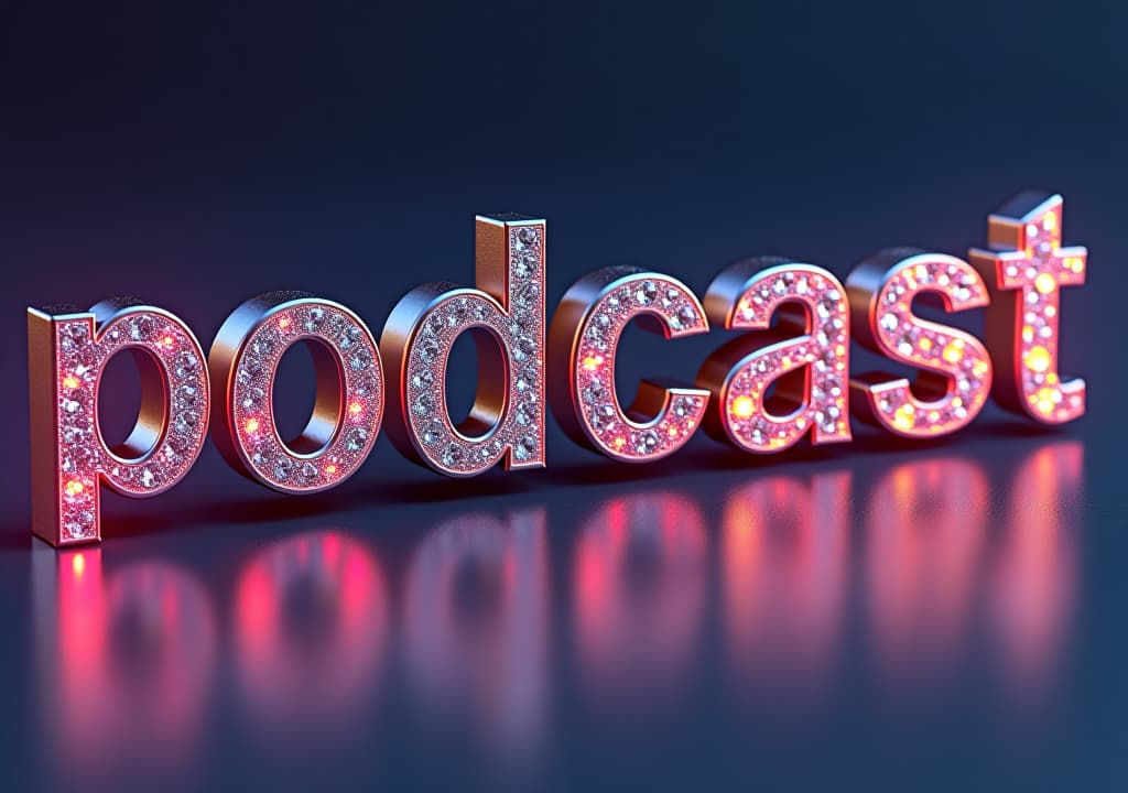  3d rendered "podcast" word with iridescent finish and crystal decorations