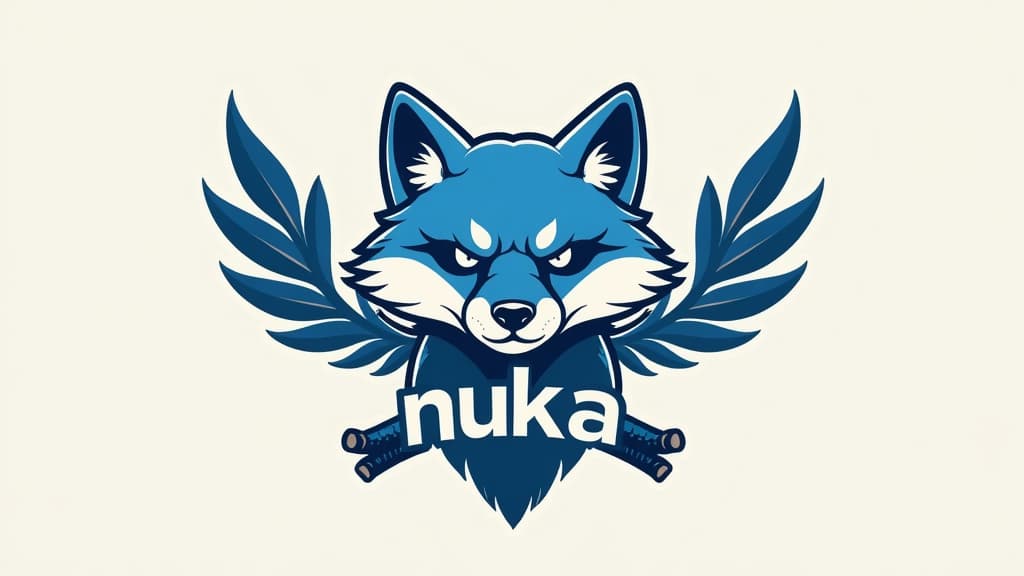  design a logo, un renard bleu et blanc avec des armes , with the text 'nuka'.