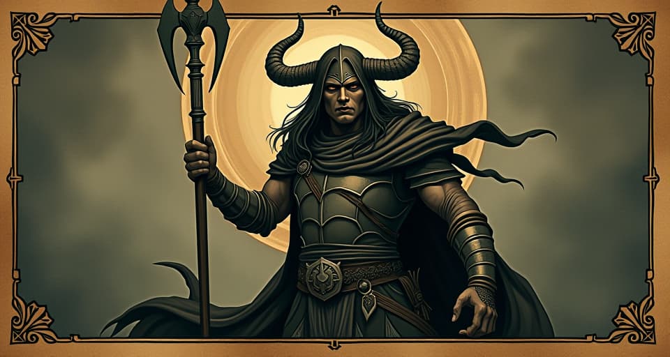  warrior with fierce gaze, clutching calling, determined stance, fire of purpose, intense, dedicated, unwavering. an illustration in the style of a worn, mystical old tarot trump card, mysterious and elements of surrealism. the colors are muted, somber and eerie, but with contrast bring out an occult and esoteric vibe.