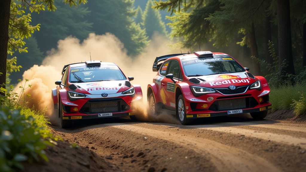  create an ultra realistic image showcasing a dynamic rally car race scene, with the logos of the fia, wrc, and major manufacturers prominently featured on the vehicles. the composition should depict two rally cars in action, kicking up dust and gravel on a winding forest track. include detailed anatomical features of the cars, capturing the speed and intensity of the race. utilize dramatic lighting to enhance the visual impact, emphasizing the importance of stability and change in the wrc. show