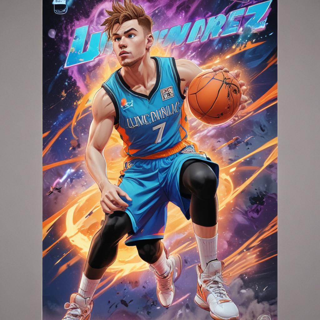 distance-shot, flashy, full-body, dynamic, holographic, animated cartoon poster of luka doncic in the style of dragon ball super