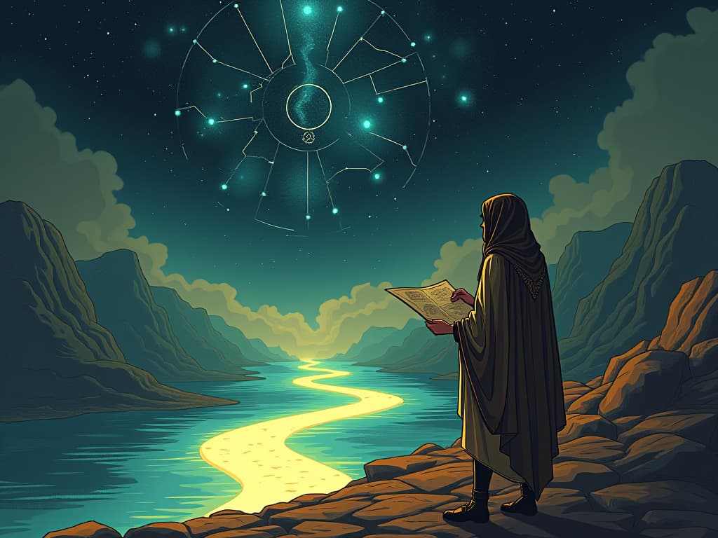  a person examining a map, constellations above guiding them, river path glowing with light, sense of alignment and destiny. the style is digital art illustration / modern comic book / mysterious occult, symbolic, esoteric vibe,high detail on character design, incorporating ancient egyptian symbology and attire.