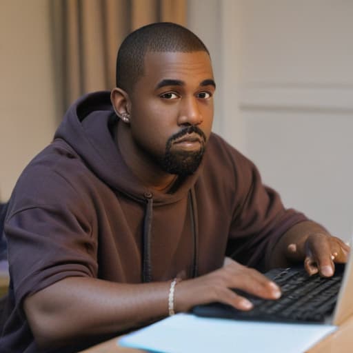 Kanye West sitting at a computer, showing him playing fortnite