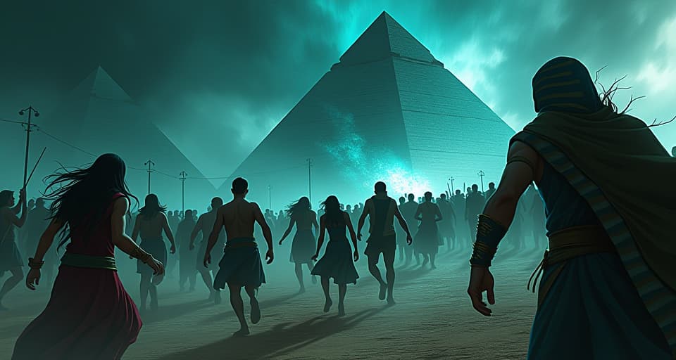  people scrambling under the onslaught of the storm, seeking cover, expressions of panic, chaos in motion as nature's fury intensifies.. the style is digital art illustration / modern comic book / mysterious occult, symbolic, esoteric vibe,high detail on character design, incorporating ancient egyptian symbology and attire.