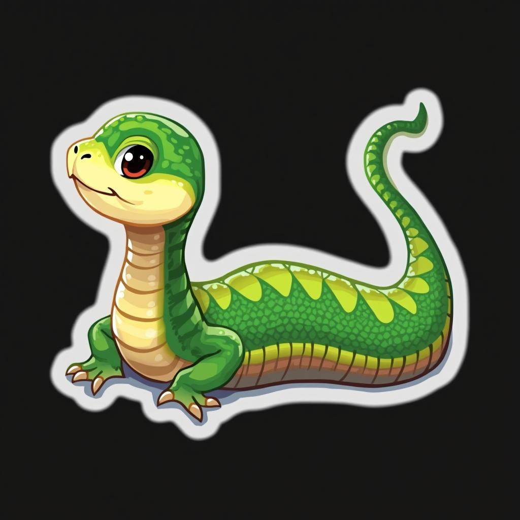  small snake looking up, sticker design, white outline, clear contours, green scales with shades, innocent eyes contrasting on a black background, suitable for the whole family, suitable for children's stationery, glossy finish, digital visualization, high detail