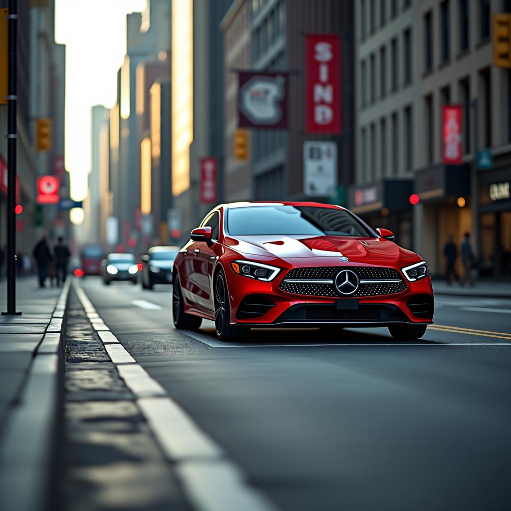  generate an art image. style realistic. corner view of red mercedes benz cls 2023 on new york street hyper realistic 8k resolution image capturing the scene with exceptional detail, vivid and true to life colors, and perfect lighting. the image displays incredible clarity, with every texture and surface rendered with stunning precision. the depth of field is expertly managed, with sharp focus on the main subject and a smooth, natural blur in the background. the overall effect is immersive, with a lifelike quality that makes every element in the scene appear almost tangible, whether it’s a landscape, portrait, or still life. hyperrealistic, full body, detailed clothing, highly detailed, cinematic lighting, stunningly beautiful, intricate, sharp focus, f/1. 8, 85mm, (centered image composition), (professionally color graded), ((bright soft diffused light)), volumetric fog, trending on instagram, trending on tumblr, HDR 4K, 8K