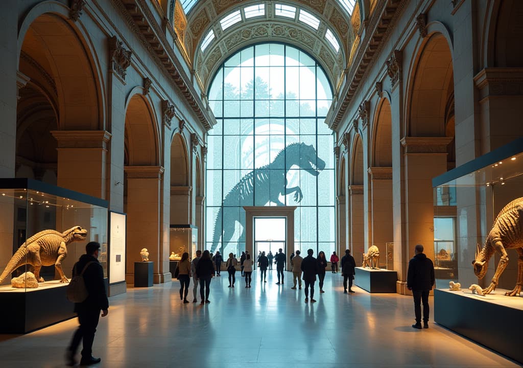  a vibrant interior shot of the royal ontario museum, showcasing the juxtaposition of the historic architecture with the modern michael lee chin crystal entrance, filled with visitors exploring diverse exhibits, including dinosaur fossils and ancient artifacts, all under a bright, airy atmosphere. hyperrealistic, full body, detailed clothing, highly detailed, cinematic lighting, stunningly beautiful, intricate, sharp focus, f/1. 8, 85mm, (centered image composition), (professionally color graded), ((bright soft diffused light)), volumetric fog, trending on instagram, trending on tumblr, HDR 4K, 8K