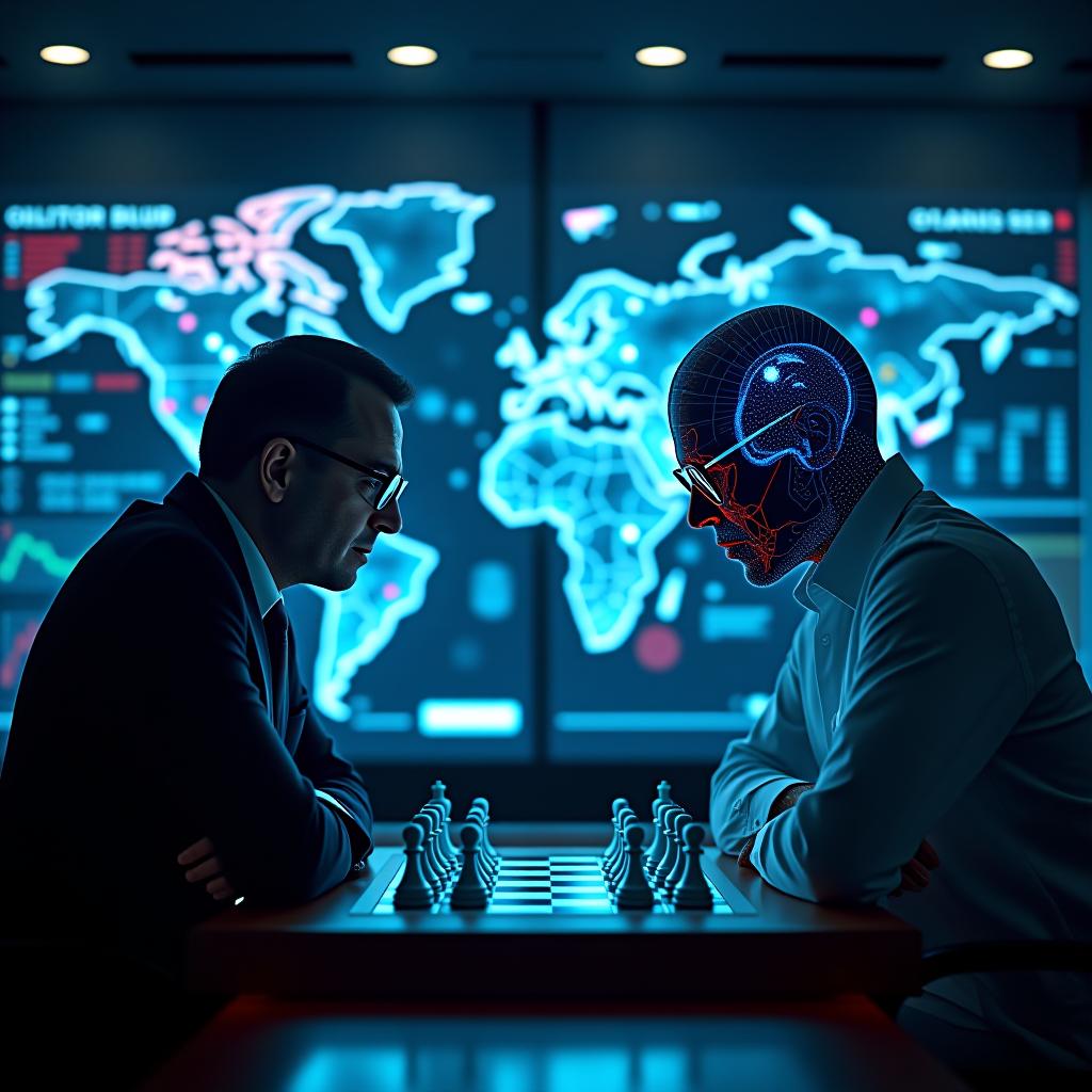  create a high quality, photorealistic image that vividly depicts the following scene: a grand split view of a state of the art surveillance room and a high stakes chess match. the surveillance side showcases echelon, a sophisticated ai represented by an intricate network of glowing fibers, interpreting spectrograms of various voices and accents against a backdrop of an interactive world map. the chess side features deep blue, a towering, cool blue ai supercomputer, locked in a tense duel against garry kasparov, visible distress evident on the chess champion's face. the reflection of the pulsating chess board lights in kasparov's glasses echoes the intensity of the situation. captured in crisp, dramatic lighting and contrast, captured w hyperrealistic, full body, detailed clothing, highly detailed, cinematic lighting, stunningly beautiful, intricate, sharp focus, f/1. 8, 85mm, (centered image composition), (professionally color graded), ((bright soft diffused light)), volumetric fog, trending on instagram, trending on tumblr, HDR 4K, 8K