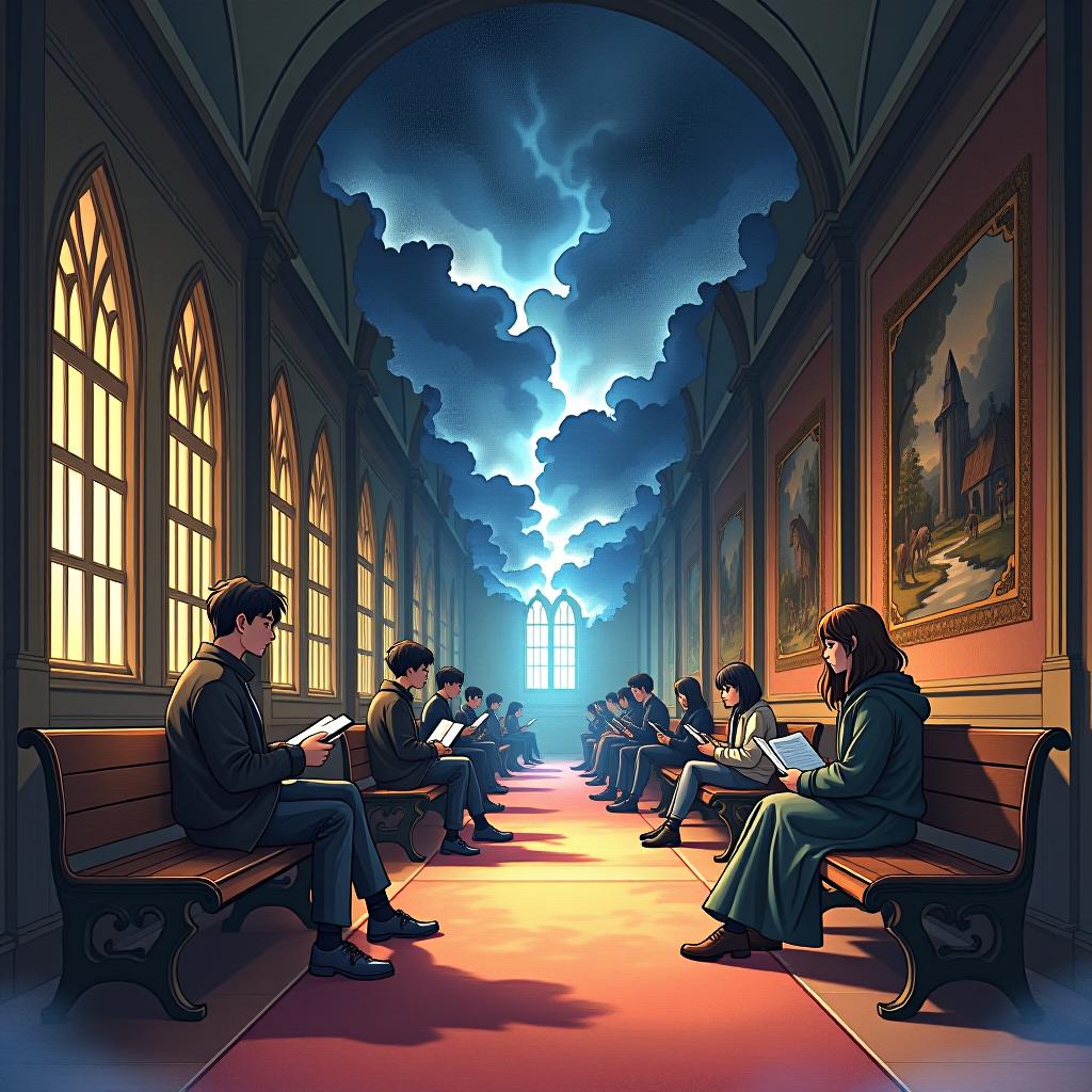  (ink sketch:1.2), (art by style of ross tran:1.4), many students of magic academies sit on benches during recess, communicate with each other and read books, try out different spells. a cozy corridor of a magic academy, decorated with tapestries with images of magical creatures. warm sunlight pours in from the windows and soft carpets are half laid out. traditional media, watercolor, fantasy illustration, soft colors, final fantasy, beautiful mysterious clouds, in a magical world, illuminated by a silvery glow. abstract electric sparks, neon flashes and mystical glow. high contrast of the drawing and background. surrealism, fantasy with elements of modernity. high detail, high quality, hyperrealistic, full body, detailed clothing, highly detailed, cinematic lighting, stunningly beautiful, intricate, sharp focus, f/1. 8, 85mm, (centered image composition), (professionally color graded), ((bright soft diffused light)), volumetric fog, trending on instagram, trending on tumblr, HDR 4K, 8K