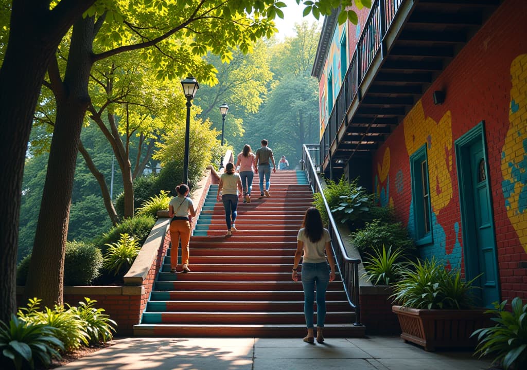  a vibrant scene showcasing the redway road staircase, adorned with colorful murals and surrounded by lush greenery, with locals using the staircase, engaging with art installations, and enjoying the nearby parks, all capturing the essence of community and creativity in toronto. hyperrealistic, full body, detailed clothing, highly detailed, cinematic lighting, stunningly beautiful, intricate, sharp focus, f/1. 8, 85mm, (centered image composition), (professionally color graded), ((bright soft diffused light)), volumetric fog, trending on instagram, trending on tumblr, HDR 4K, 8K