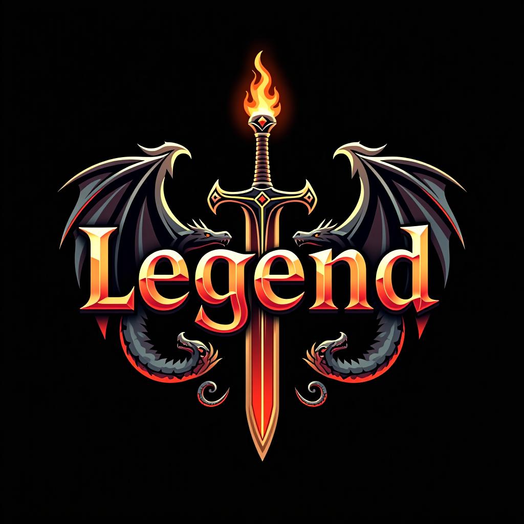  design a logo, custom sticker design on an isolated black background with the words ‘legend’ in bold font decorated by mythical dragons and a flaming sword