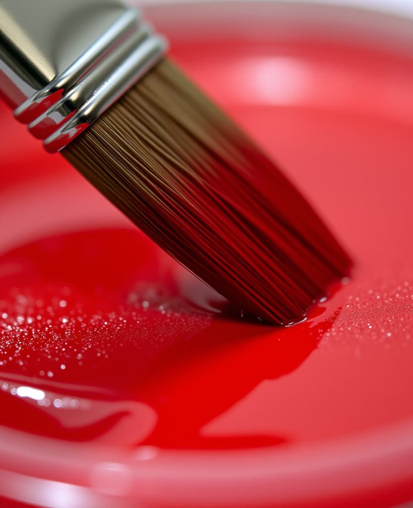  a close up of a paintbrush dipped in red paint, capturing the texture and vibrant color of the paint.