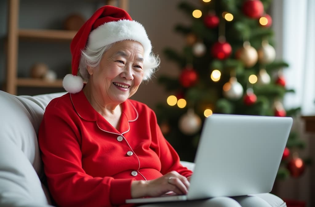  happy asian granny, in santa claus hat, in red pajamas, sitting on light gray sofa and talking online on laptop, blurred christmas tree with new year toys in background, bright room ar 3:2 {prompt}, maximum details