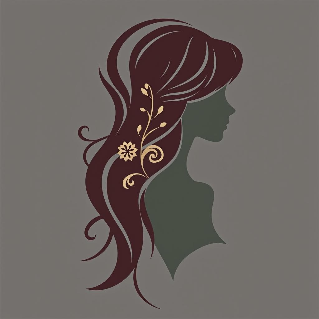  design a logo, 1. **Élément principal :** **silhouette** : une silhouette élégante d'une femme vue de dos. **cheveux** : ses cheveux sont longs, bruns, et fluides, comme emportés par une brise légère. **détails** : des motifs de feuillages dorés s'intègrent harmonieusement dans les cheveux, apportant une touche de raffinement. 2. **symbole :** **ciseaux haut de gamme** : un symbole de ciseaux stylisé, positionné subtilement au centre, entre les mèches de cheveux de la silhouette. ce symbole représente le service de coiffure de qualité supérieure. 3. **palette de couleurs :** **couleurs douces** : des nuances de vert pastel et de violet léger sont utilisées pour les éléments principaux, créant 