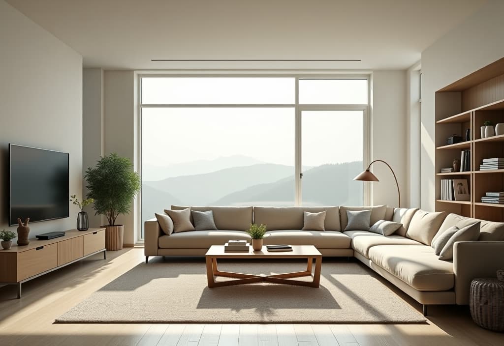  a landscape photo of a serene, minimalist living room with clean lines, neutral colors, and ample natural light streaming through large windows, showcasing clever storage solutions and clutter free surfaces hyperrealistic, full body, detailed clothing, highly detailed, cinematic lighting, stunningly beautiful, intricate, sharp focus, f/1. 8, 85mm, (centered image composition), (professionally color graded), ((bright soft diffused light)), volumetric fog, trending on instagram, trending on tumblr, HDR 4K, 8K