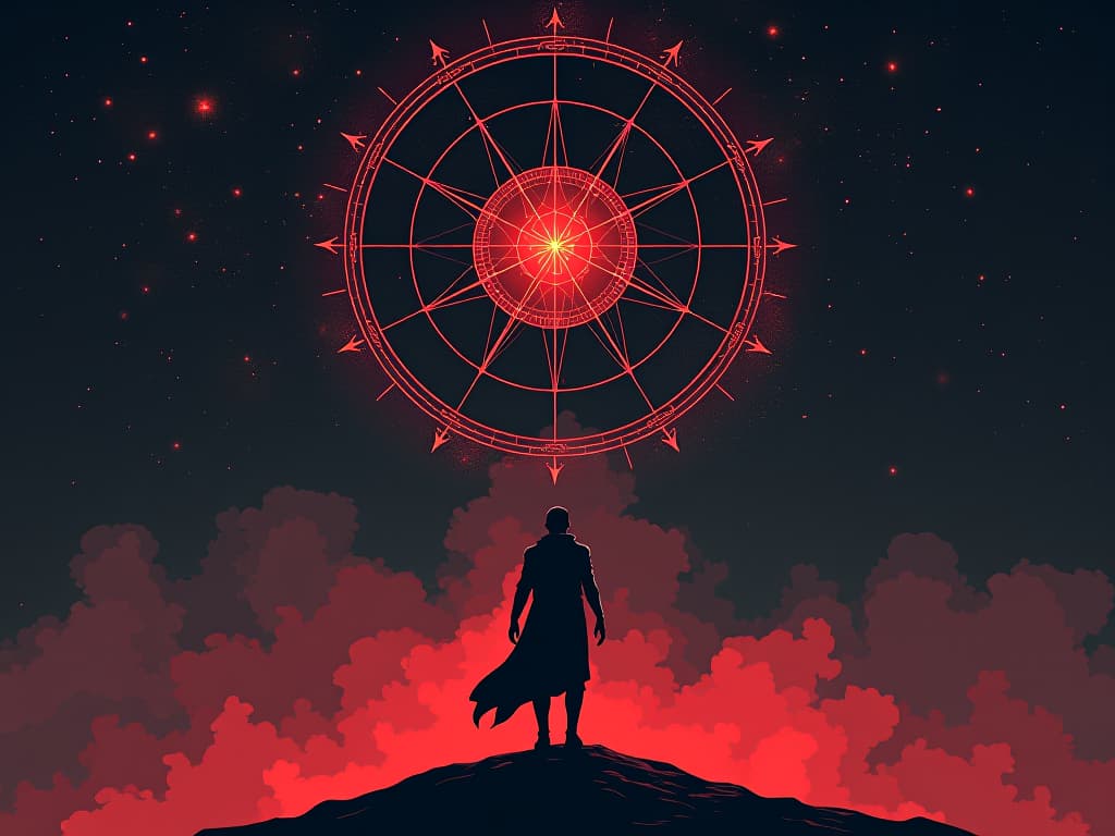  person standing under celestial alignment, stars forming pathways, each word a light of discovered strength. the style is digital art illustration / modern comic book / graphic dark novel fantasy and mysterious occult, symbolic, moody lighting, esoteric vibe,high detail on character design. for the color scheme emphasize blacks and reds.