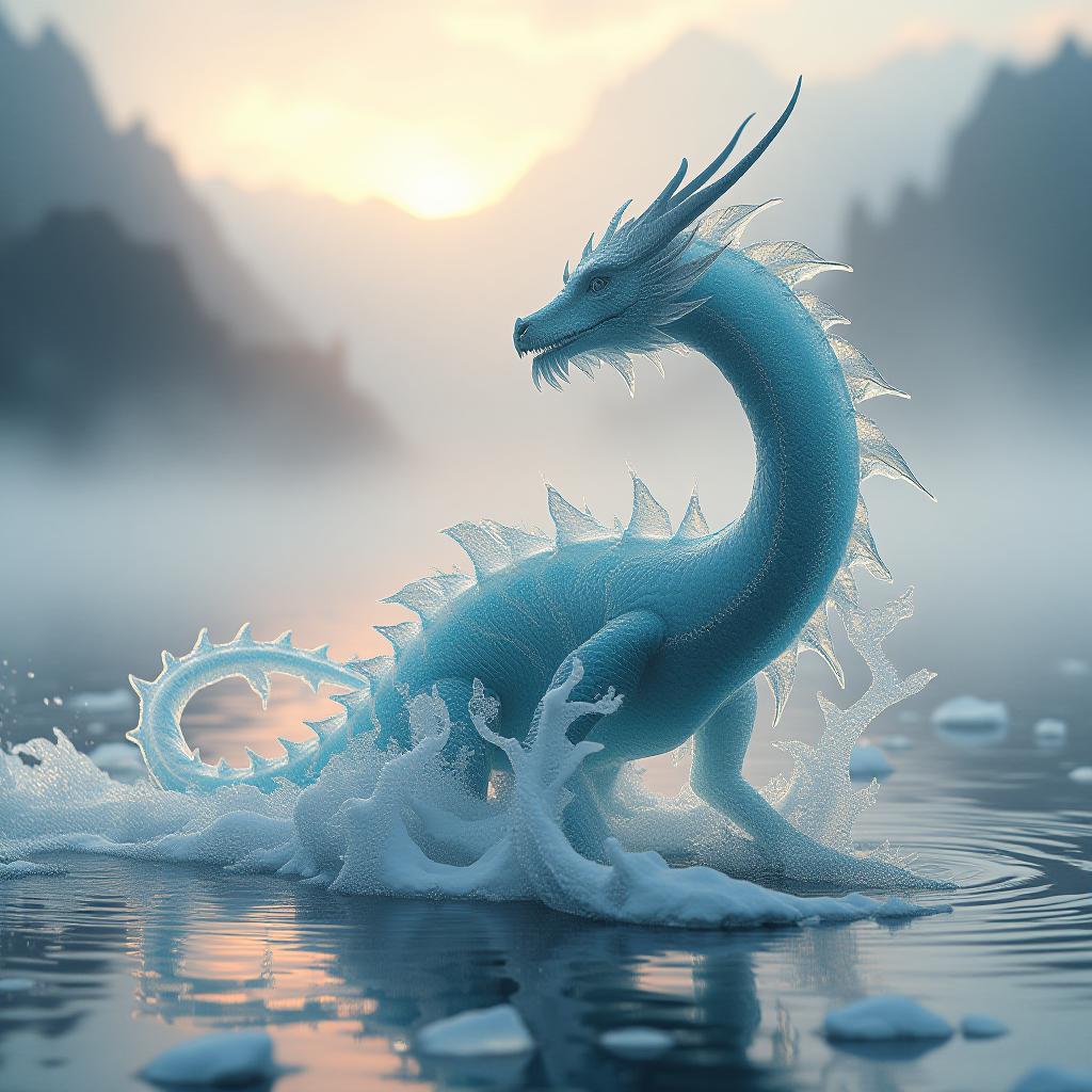  an ethereal ice dragon [1.3] materializing from a misty mountain lake at dawn. body formed of crystal clear water, frozen mid motion [1.4]. intricate frost patterns etched across its transparent scales [1.2], refracting light into prismatic displays. eyes like swirling whirlpools of deep blue. horns and claws made of jagged icicles. breath a spray of glittering ice crystals [1.3]. surrounded by a swirling vortex of snowflakes and mist. hyper detailed ice textures [1.5], serene pose, soft pastel lighting of early morning. hyperrealistic, full body, detailed clothing, highly detailed, cinematic lighting, stunningly beautiful, intricate, sharp focus, f/1. 8, 85mm, (centered image composition), (professionally color graded), ((bright soft diffused light)), volumetric fog, trending on instagram, trending on tumblr, HDR 4K, 8K