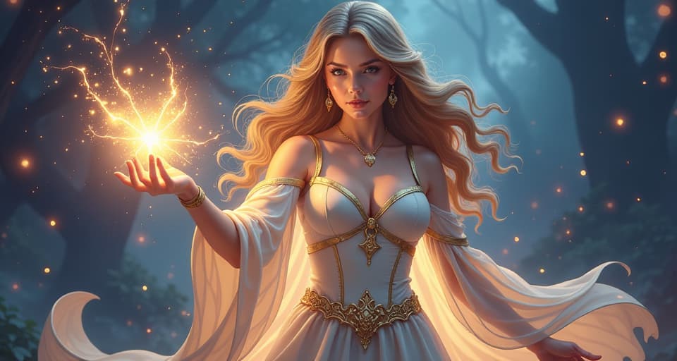  an unwavering sorceress in luminous attire casting a bright protective spell. strong, determined gaze, radiant energy.. the style is digital art illustration,highly detailed, whimsical,magical, dreamlike atmosphere, realism and fantasy blend, smooth, glossy textures,luminous quality, wonder and enchantment.