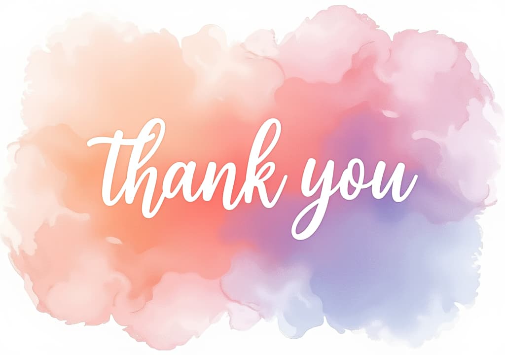  abstract watercolor in pastel peach, light blue, and lilac. "thank you" in modern white sans serif font stands out in the center, with light swirling edges.