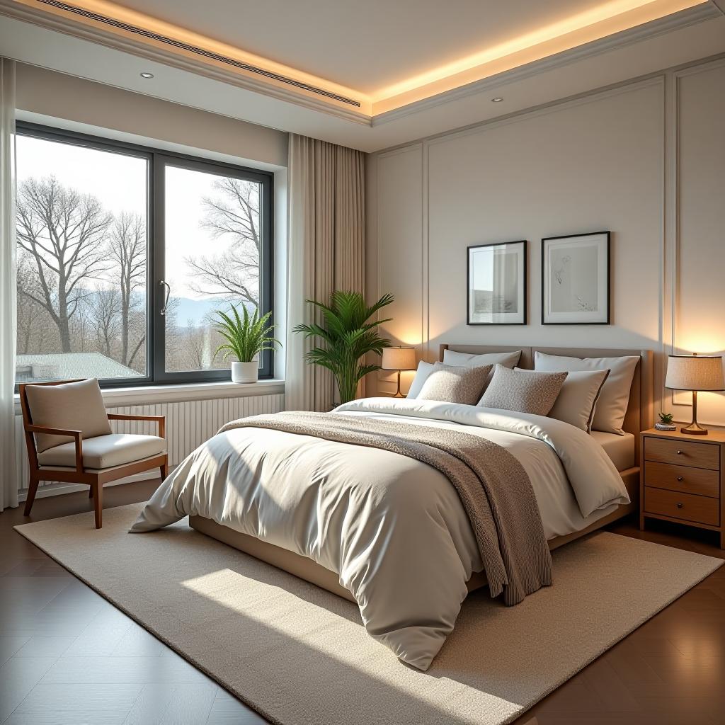  a serene master bedroom featuring plush, luxurious bedding in neutral tones, surrounded by soft, ambient lighting. the room is adorned with elegant, minimalistic furniture, fluffy pillows, a cozy duvet, and a stylish area rug. large windows letting in natural light, indoor plants adding a touch of greenery, and artwork on the walls complete the calming atmosphere.