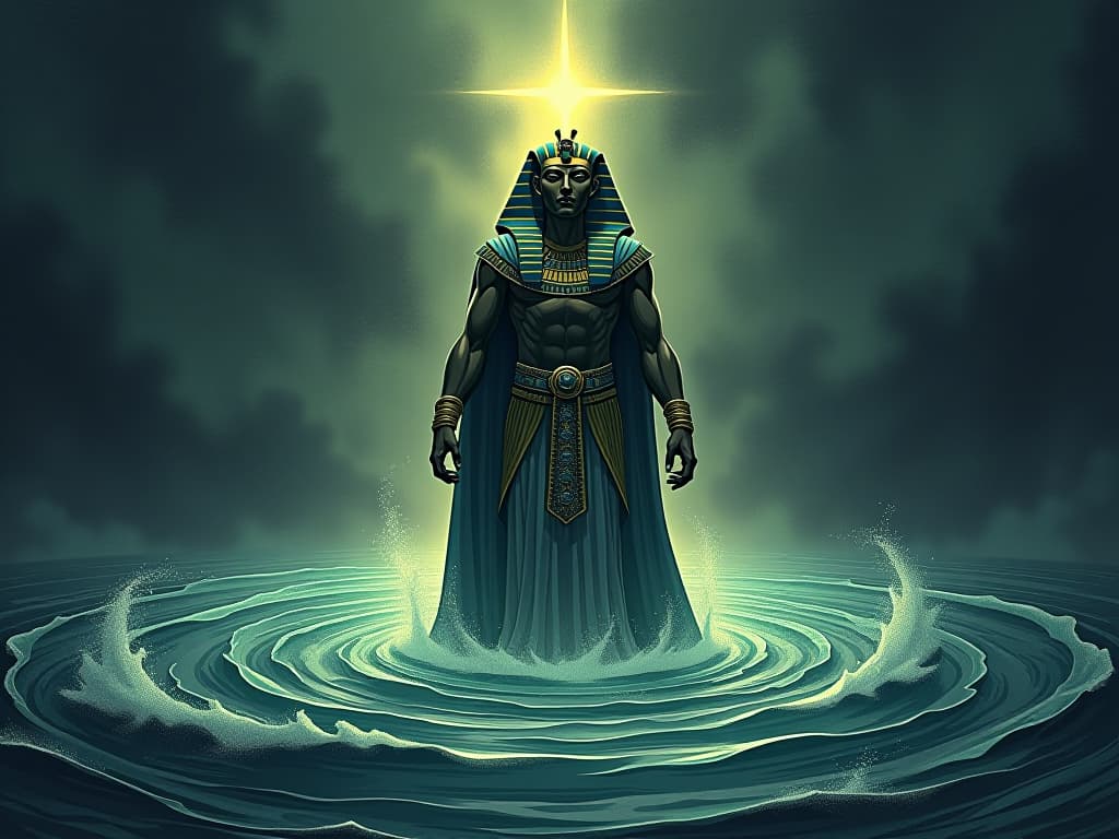  rising benben stone, emerging from swirling primordial waters under a dark sky, illuminated by mysterious light, aura of creation. the style is digital art illustration / modern comic book / mysterious occult, symbolic, esoteric vibe,high detail on character design, incorporating ancient egyptian symbology and attire.