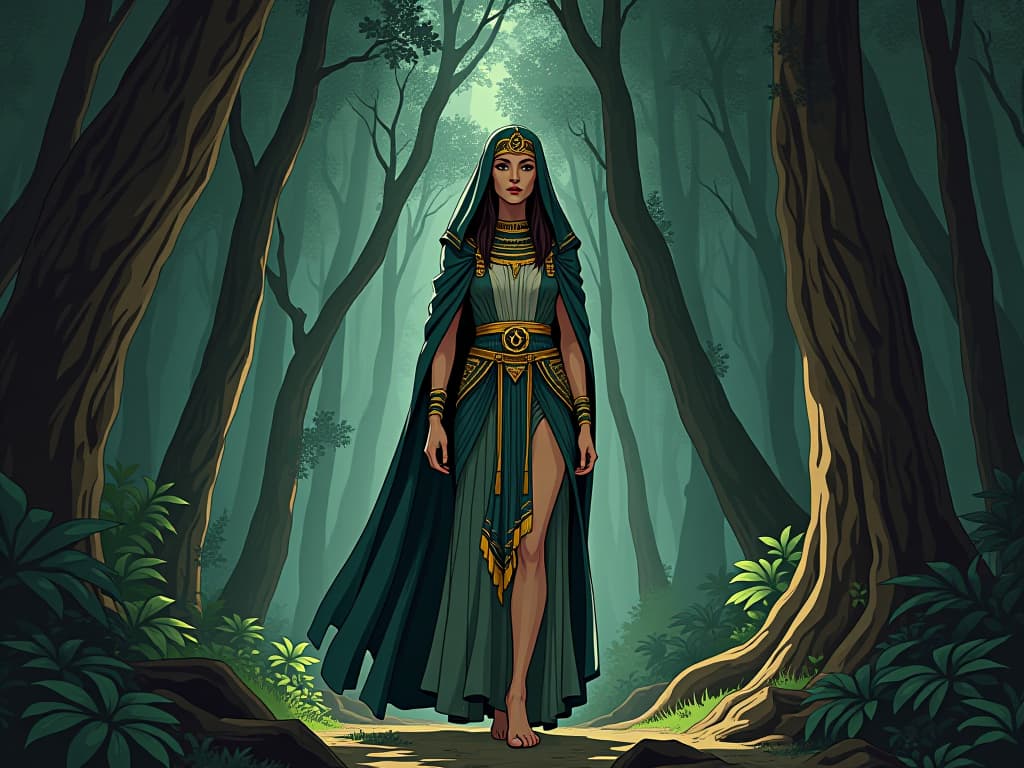  hildegard of bingen walking through a dense forest, her eyes filled with knowledge and discovery. the style is digital art illustration / modern comic book / mysterious occult, symbolic, esoteric vibe,high detail on character design, incorporating ancient egyptian symbology and attire.