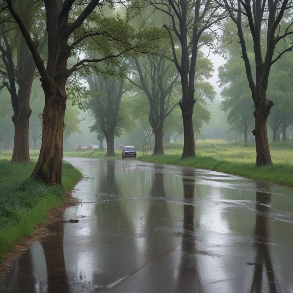 An impressionistic landscape capturing the essence of a rainy day.