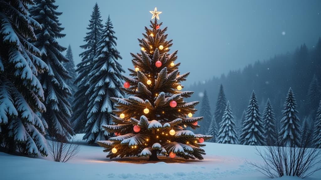  professional detailed photography, a huge spruce tree standing in the middle of a snowy forest, decorated with bright balls, lights and ribbons. light snowfall all around. ar 16:9, (muted colors, dim colors, soothing tones), (vsco:0.3)