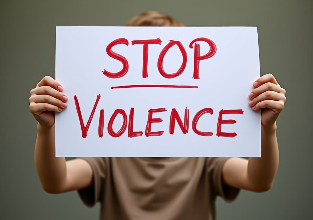  child holds a sign that says stop violence