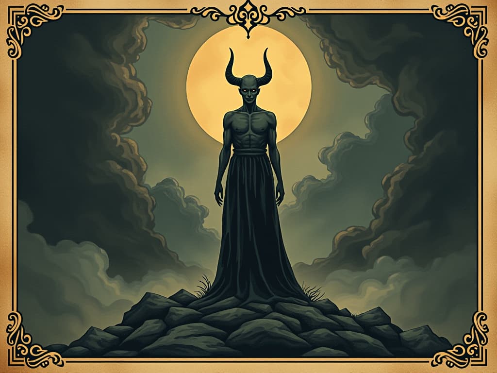  figure standing tall amidst swirling shadows, determined stance, soft glow around, strength, resilience. an illustration in the style of a worn, mystical old tarot trump card, mysterious and elements of surrealism. the colors are muted, somber and eerie, but with contrast bring out an occult and esoteric vibe.