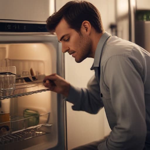 A photo of a skilled technician repairing a malfunctioning refrigerator in a dimly lit kitchen during the late afternoon. The warm, soft lighting casts gentle shadows, creating a contrasting and intriguing ambiance around the technician as they troubleshoot the appliance. The setting captures a moment of focused expertise in the midst of a common household task, highlighting the value of professional appliance service in ensuring the smooth functioning of essential home equipment.