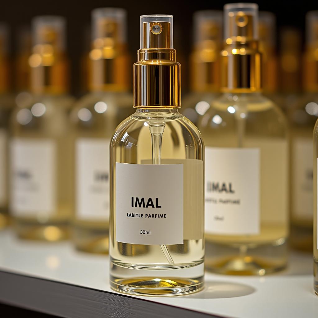  a 30ml clear perfume bottle without labels is sitting on the shelf with other bottles.