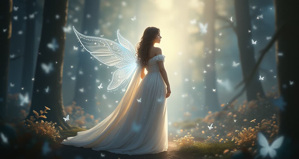  an ethereal angel, surrounded by luminous fairies, standing in a shimmering forest clearing. the angel's serene expression, flowing gown emitting a soft glow, atmosphere uplifted with her presence.. the style is digital art illustration,highly detailed, whimsical,magical, dreamlike atmosphere, realism and fantasy blend, smooth, glossy textures,luminous quality, wonder and enchantment.