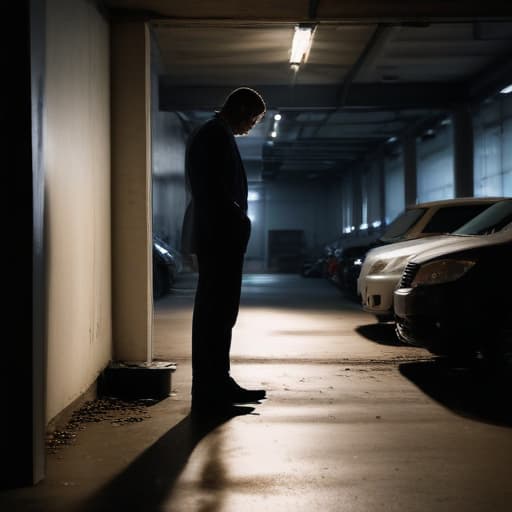 A photo of a car accident attorney examining evidence in a dimly lit parking garage during the early evening, with harsh, dramatic lighting casting long shadows and creating a mysterious and intense atmosphere.