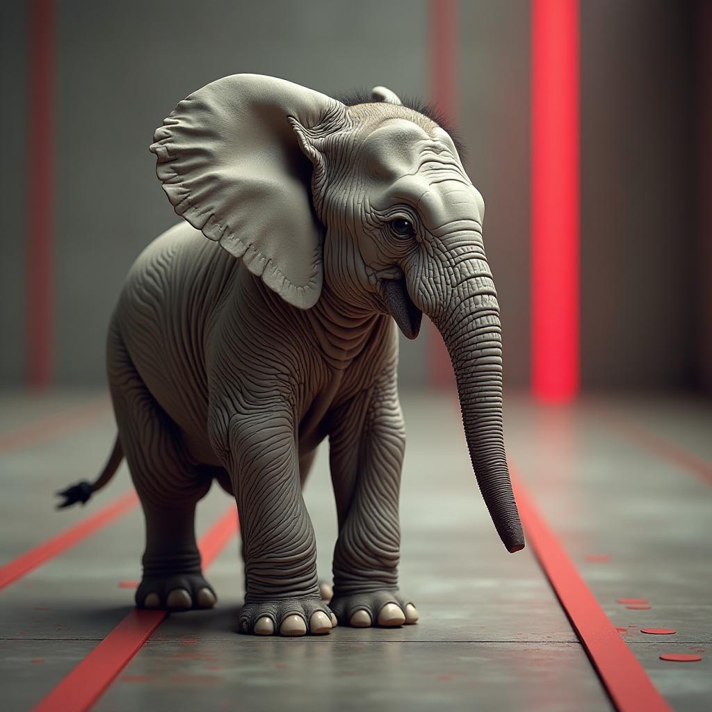  the baby elephant is standing and looking at the red and white lines. hyperrealistic, full body, detailed clothing, highly detailed, cinematic lighting, stunningly beautiful, intricate, sharp focus, f/1. 8, 85mm, (centered image composition), (professionally color graded), ((bright soft diffused light)), volumetric fog, trending on instagram, trending on tumblr, HDR 4K, 8K