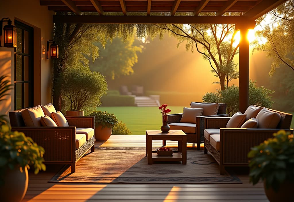  a landscape photo of a stunning outdoor patio scene at golden hour, showcasing various furniture materials including teak, wicker, and wrought iron, with a beautiful garden backdrop hyperrealistic, full body, detailed clothing, highly detailed, cinematic lighting, stunningly beautiful, intricate, sharp focus, f/1. 8, 85mm, (centered image composition), (professionally color graded), ((bright soft diffused light)), volumetric fog, trending on instagram, trending on tumblr, HDR 4K, 8K