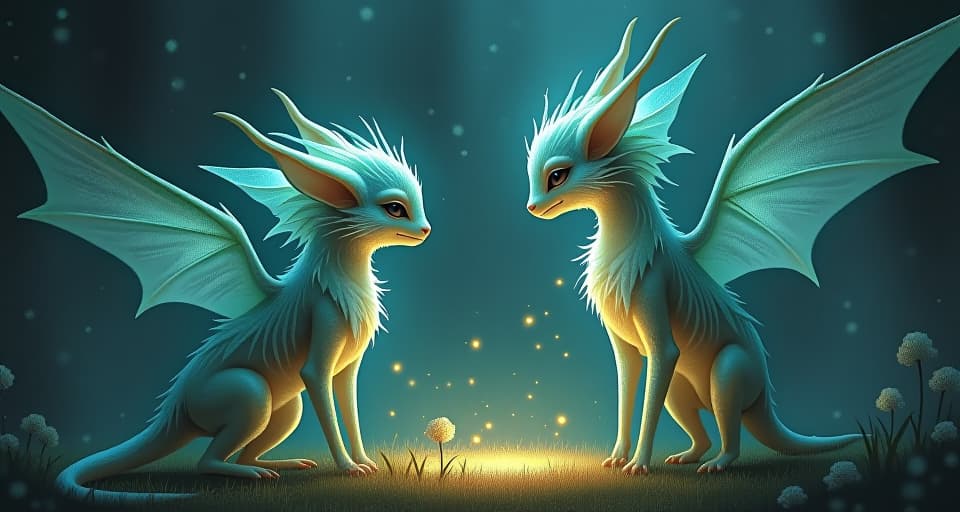  magical creatures attempting to mimic an ethereal glow, their light dim and artificial. mood: imitative, futile.. the style is digital art illustration,highly detailed, whimsical,magical, dreamlike atmosphere, realism and fantasy blend, smooth, glossy textures,luminous quality, wonder and enchantment.