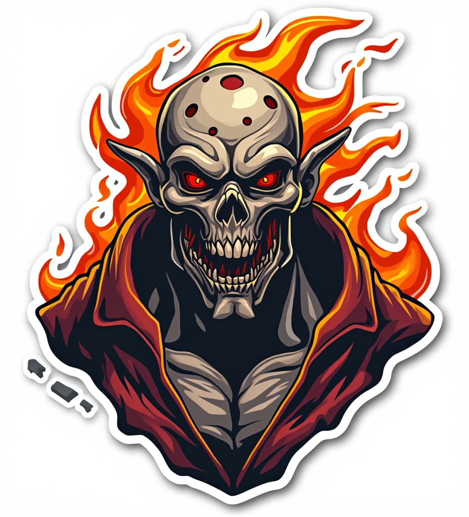  vector art stickers, generate doomsday monster bust with flames behind his head simplified, professional vector design, sticker designs, sticker sheet